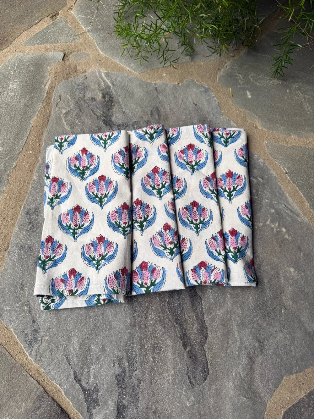 New🌟Anthropologie-Danica Heirloom Block Print Table Linens - Pink & Blue Motif